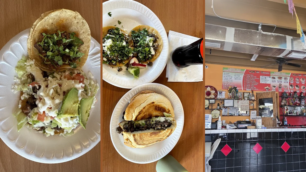 Plates of tacos and tamales on a restaurant table.