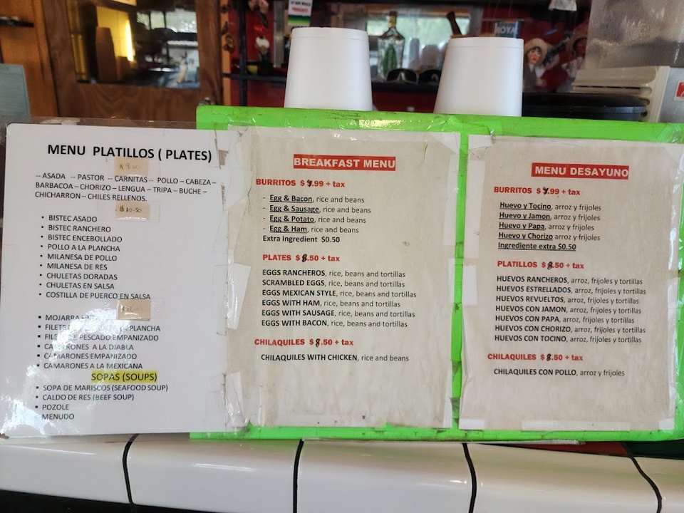 Menu-style spread of tacos, burritos, and ceviche.